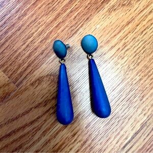 Chic Blue Teardrop Dangle Earrings with Stud Backs Lightweight Wood Retro Boho